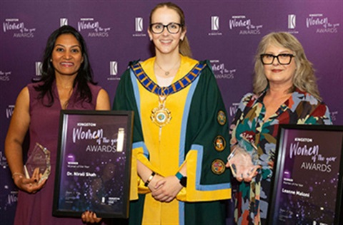 Dr Nirali Shah (left) and Leanne Maloni (right) with Kingston Mayor Georgina Oxley.